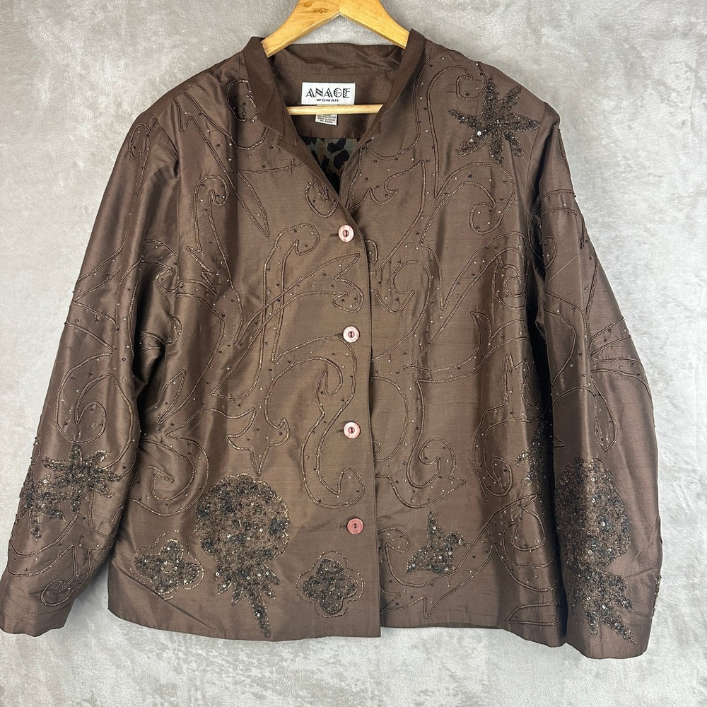 Anage Woman Brown 100% Silk Beaded Soutache Jacket Leopard Lining Plus Size 1X